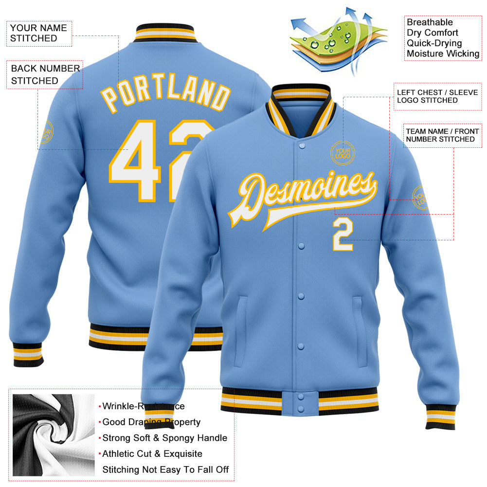 Custom Light Blue White Gold-Black Bomber Full-Snap Varsity Letterman Jacket view 5