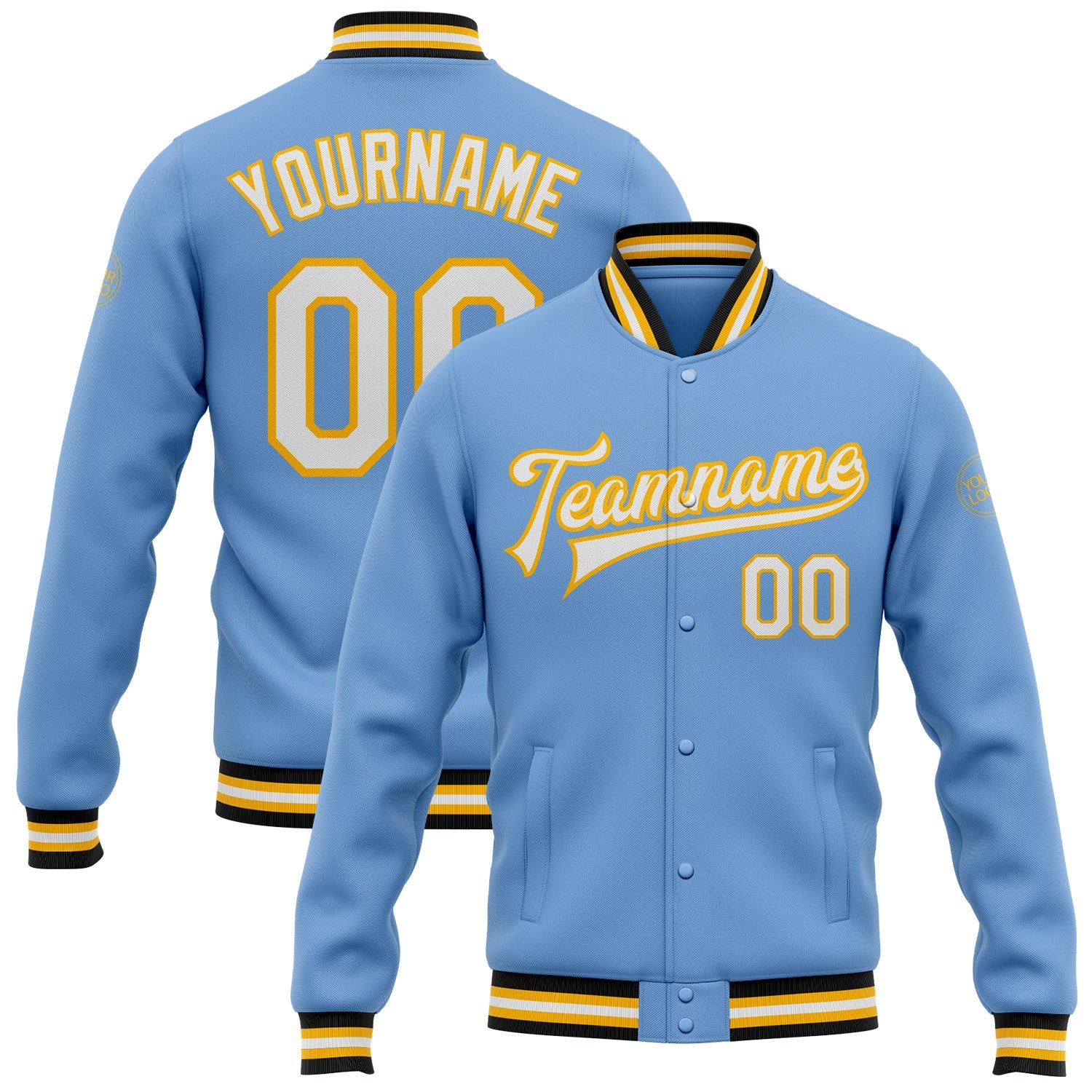 Custom Light Blue White Gold-Black Bomber Full-Snap Varsity Letterman Jacket - Main View