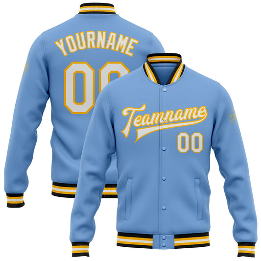Custom Light Blue White Gold-Black Bomber Full-Snap Varsity Letterman Jacket - Main View