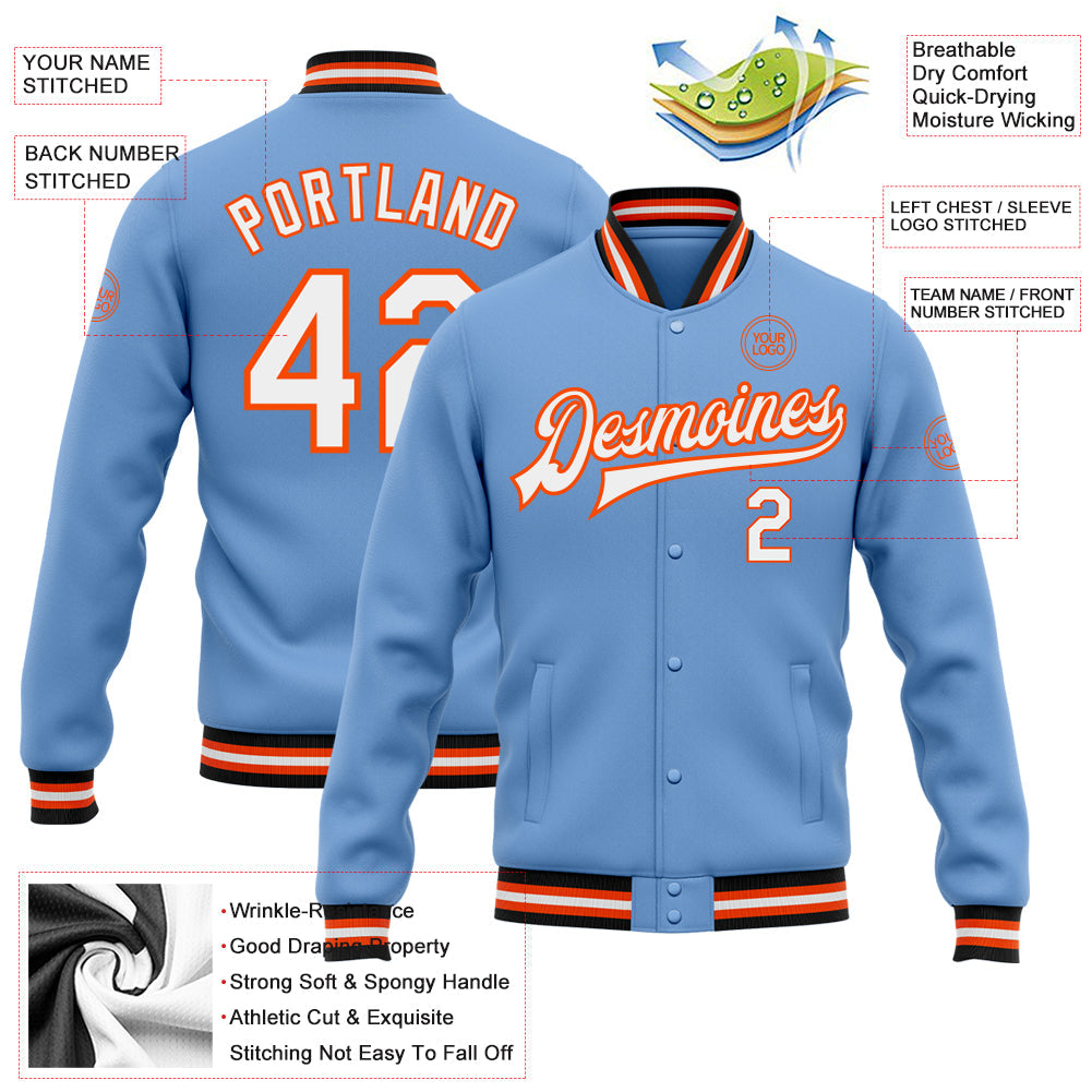 Custom Light Blue White Orange-Black Bomber Full-Snap Varsity Letterman Jacket view 5