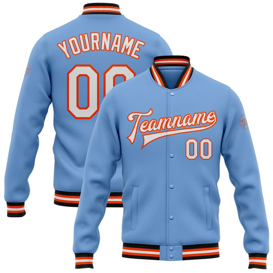 Custom Light Blue White Orange-Black Bomber Full-Snap Varsity Letterman Jacket - Main View