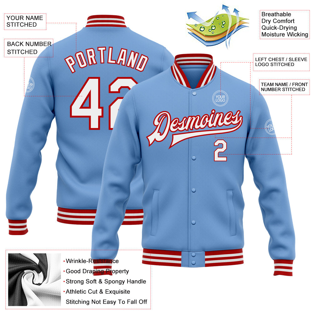 Custom Light Blue White-Red Bomber Full-Snap Varsity Letterman Jacket view 5