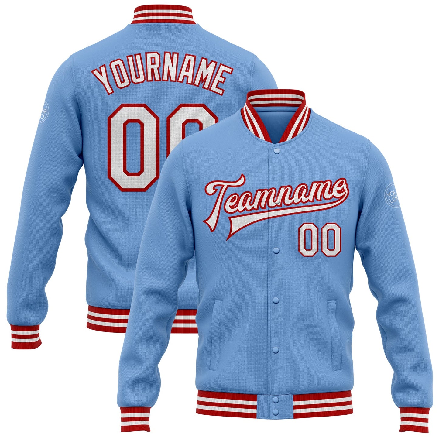Custom Light Blue White-Red Bomber Full-Snap Varsity Letterman Jacket - Main View