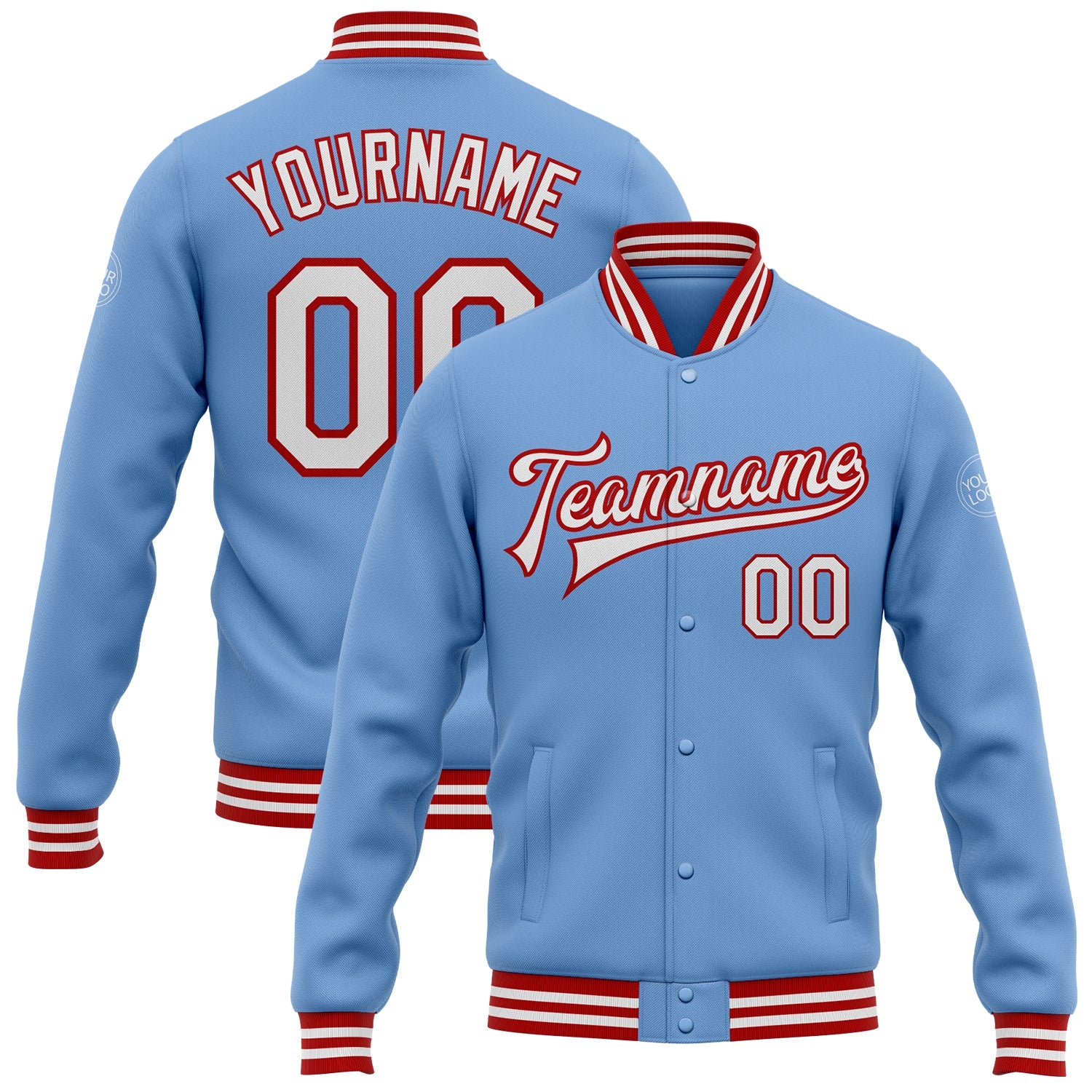 Custom Light Blue White-Red Bomber Full-Snap Varsity Letterman Jacket - Main View
