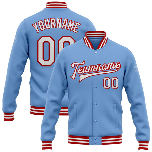 Custom Light Blue White-Red Bomber Full-Snap Varsity Letterman Jacket - Main View