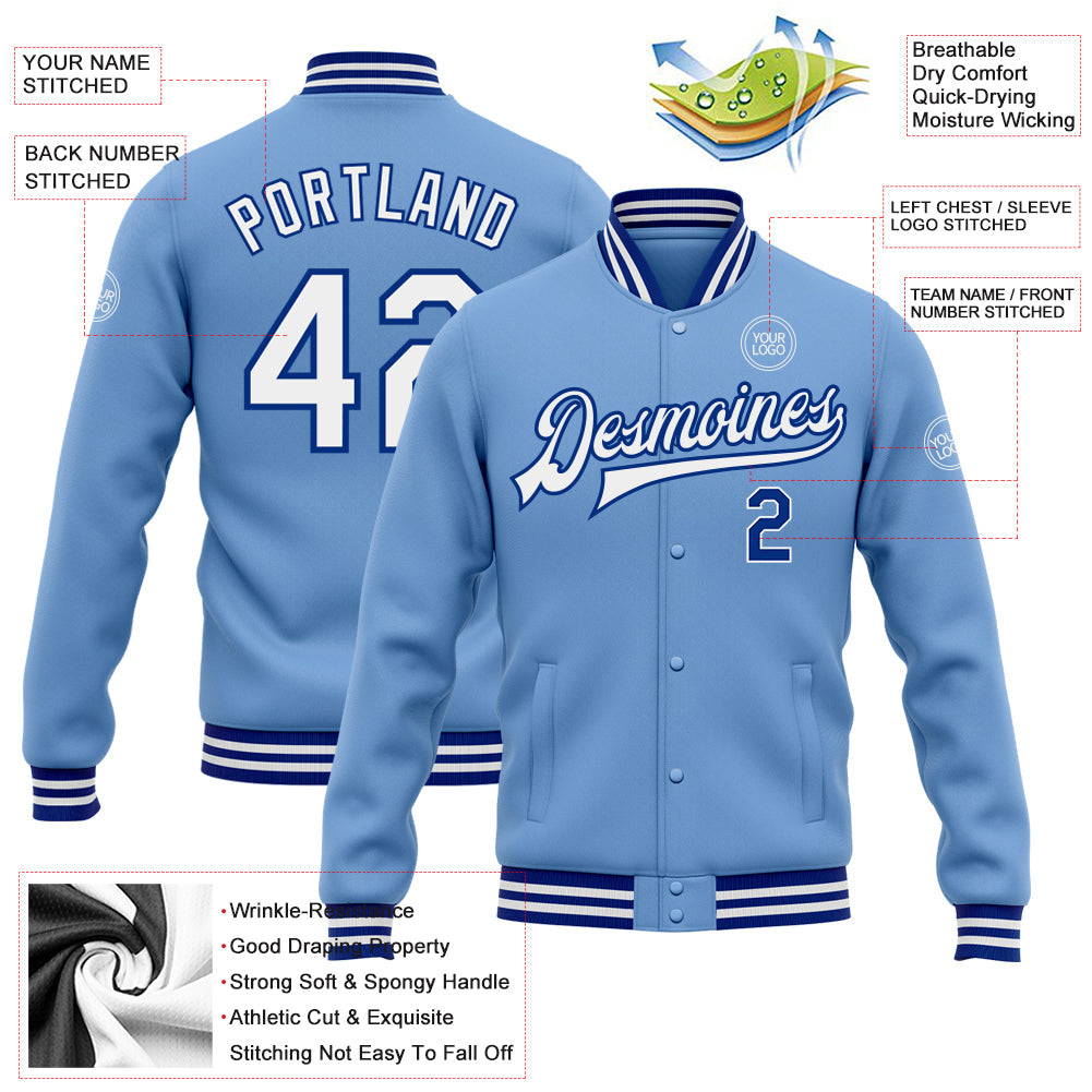 Custom Light Blue White-Royal Bomber Full-Snap Varsity Letterman Jacket view 5