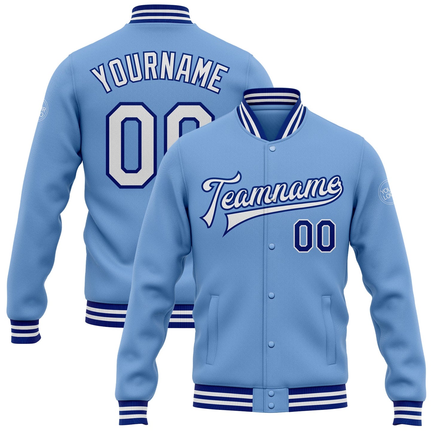 Custom Light Blue White-Royal Bomber Full-Snap Varsity Letterman Jacket - Main View
