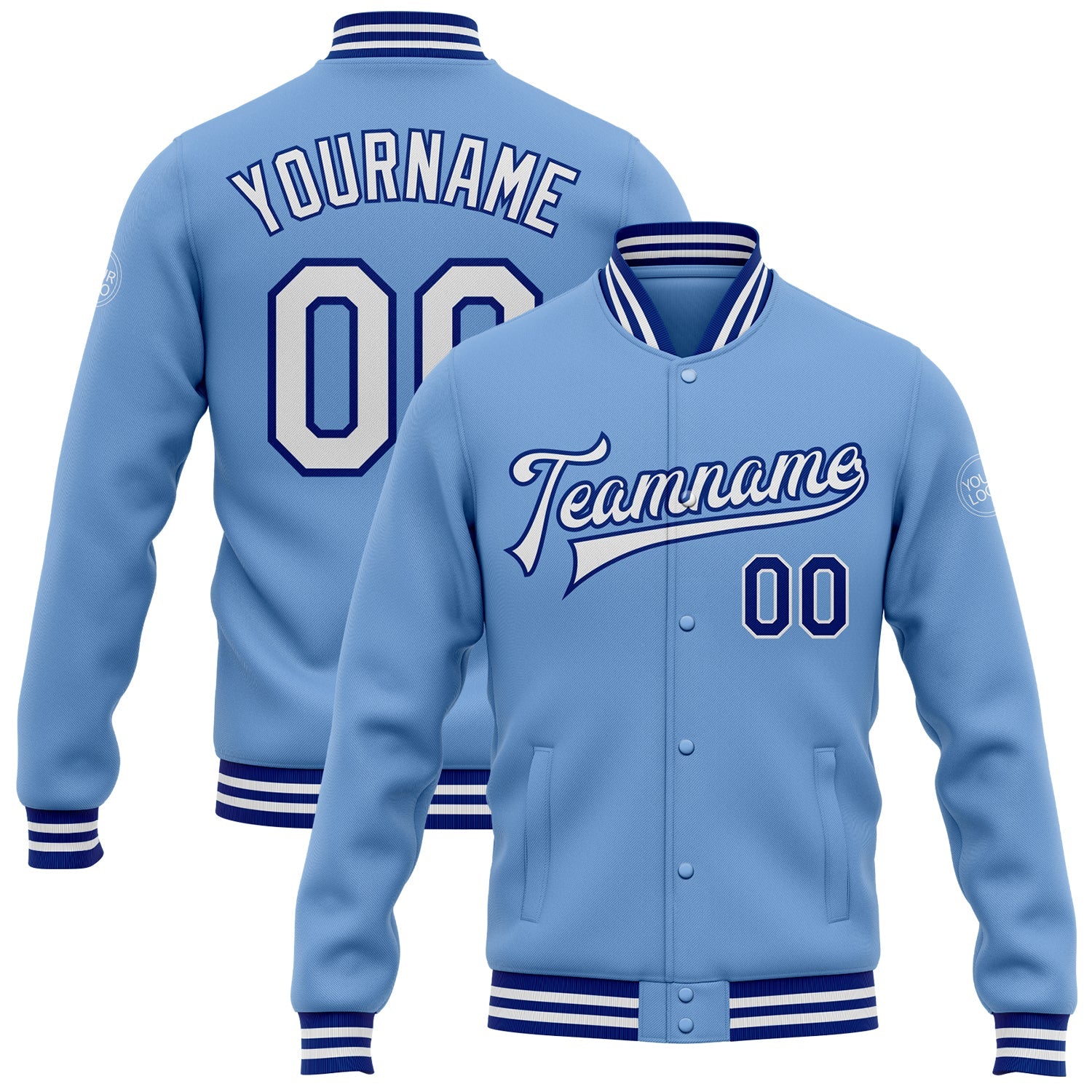 Custom Light Blue White-Royal Bomber Full-Snap Varsity Letterman Jacket - Main View