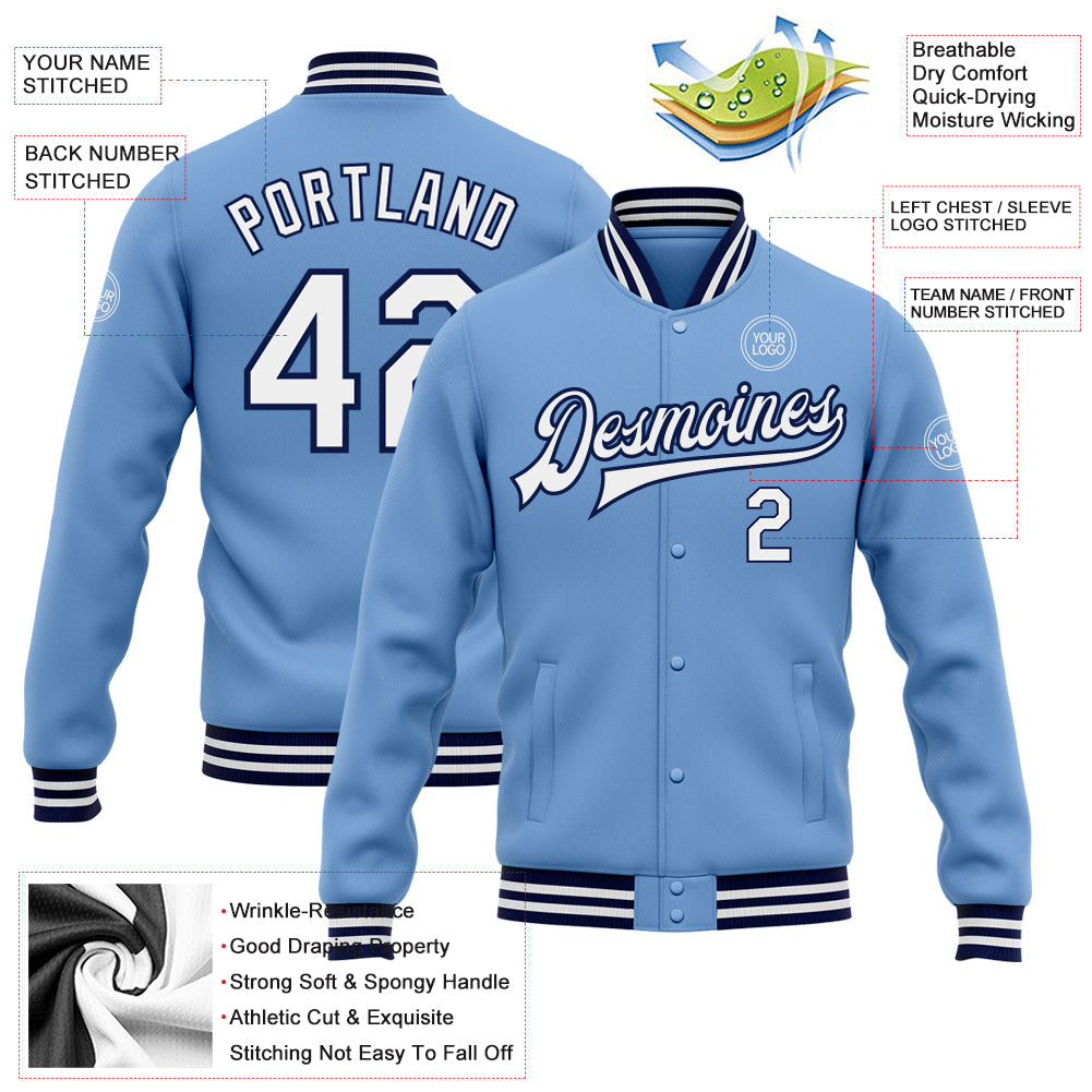 Custom Light Blue White-Navy Bomber Full-Snap Varsity Letterman Jacket view 5