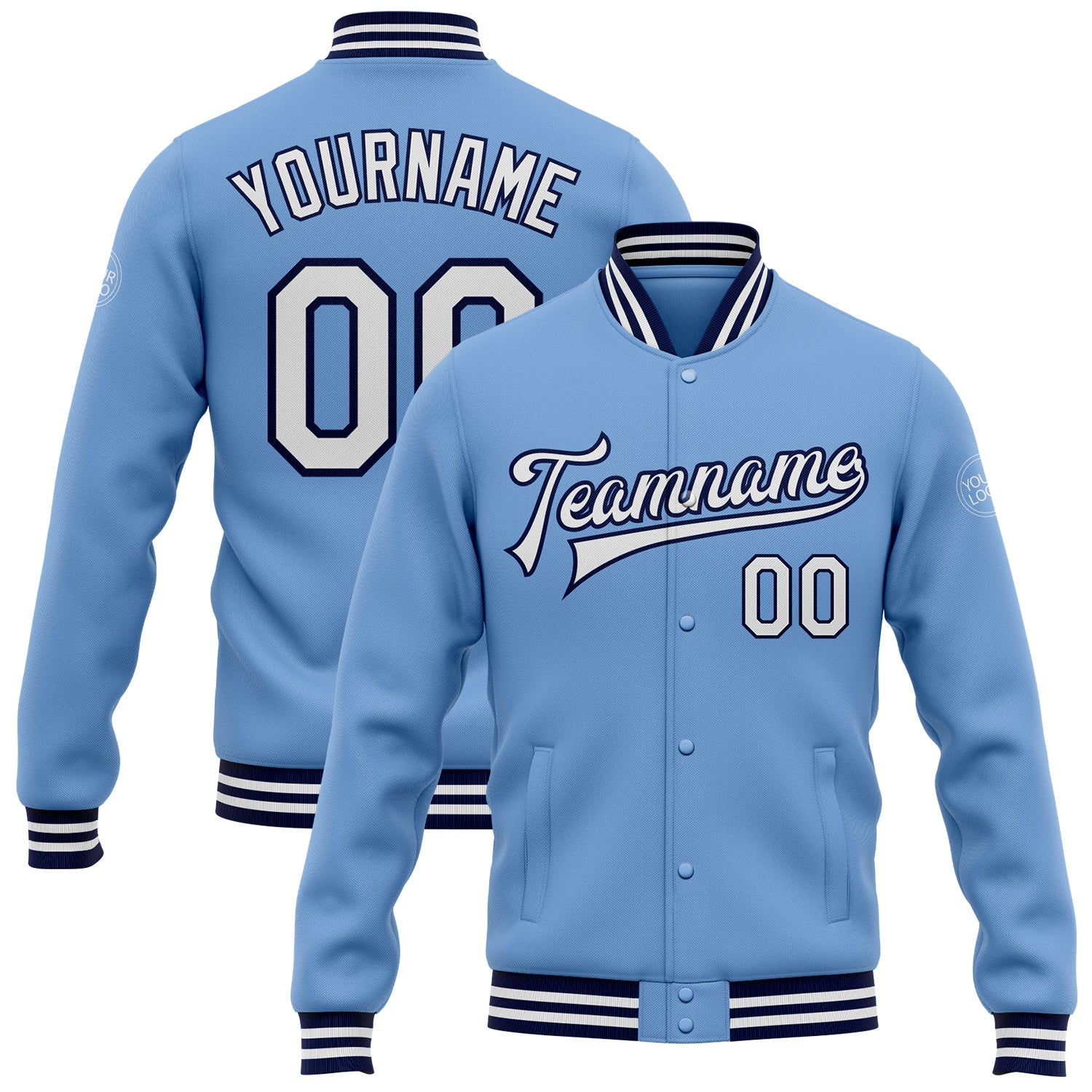 Custom Light Blue White-Navy Bomber Full-Snap Varsity Letterman Jacket - Main View