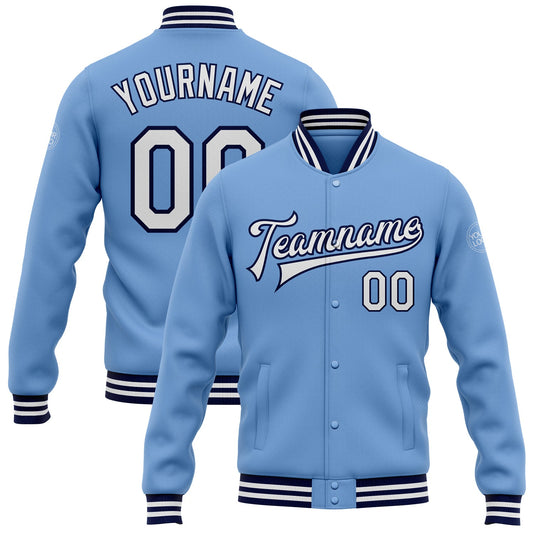 Custom Light Blue White-Navy Bomber Full-Snap Varsity Letterman Jacket - Main View