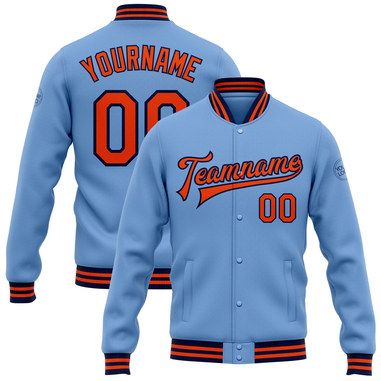 Custom Light Blue Orange-Navy Bomber Full-Snap Varsity Letterman Jacket - Main View