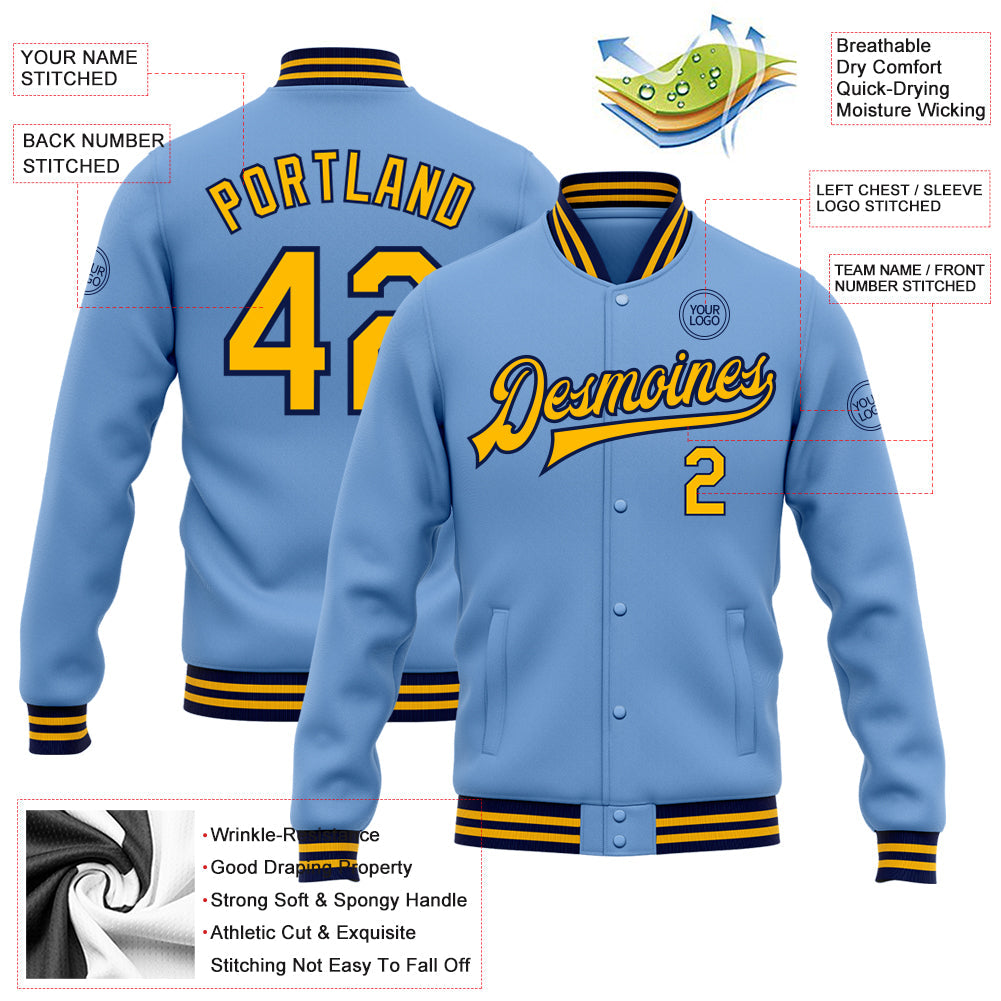 Custom Light Blue Gold-Navy Bomber Full-Snap Varsity Letterman Jacket view 5
