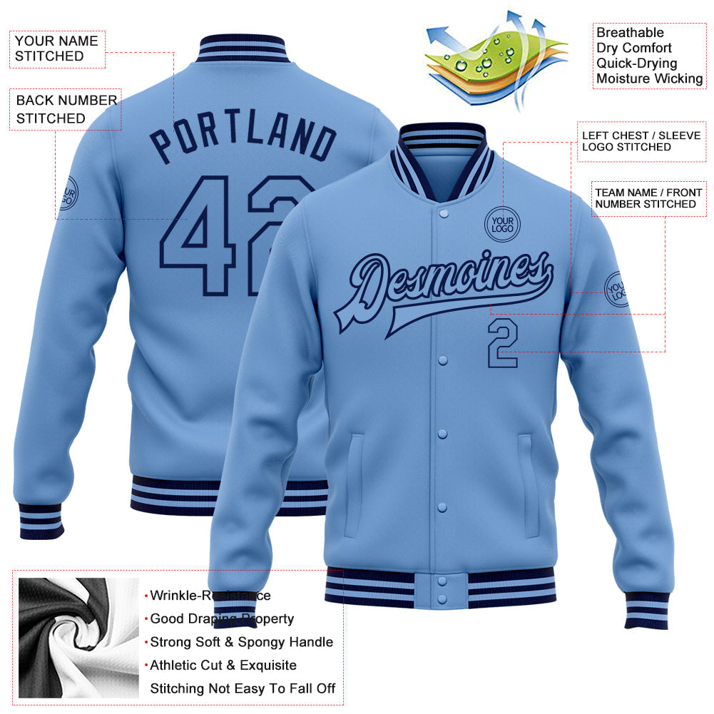 Custom Light Blue Navy Bomber Full-Snap Varsity Letterman Jacket view 5