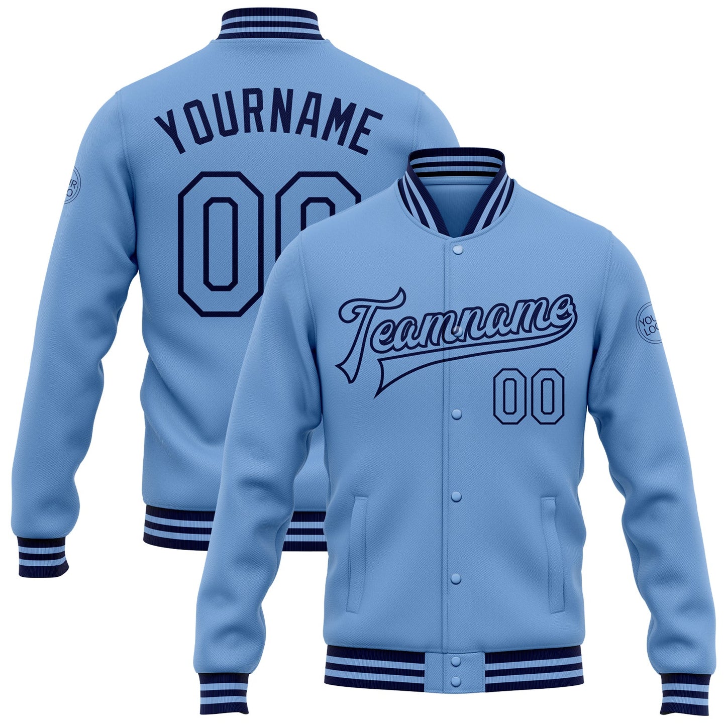 Custom Light Blue Navy Bomber Full-Snap Varsity Letterman Jacket - Main View