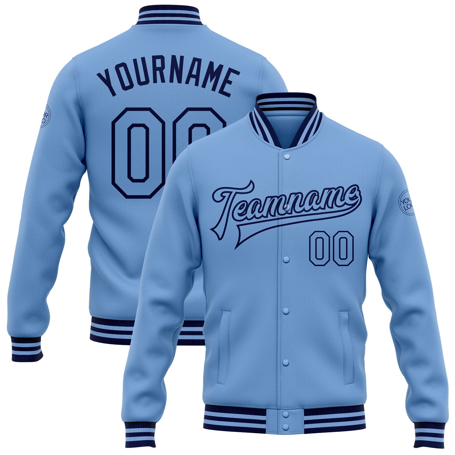 Custom Light Blue Navy Bomber Full-Snap Varsity Letterman Jacket - Main View
