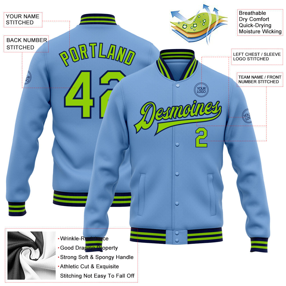 Custom Light Blue Neon Green-Navy Bomber Full-Snap Varsity Letterman Jacket view 5