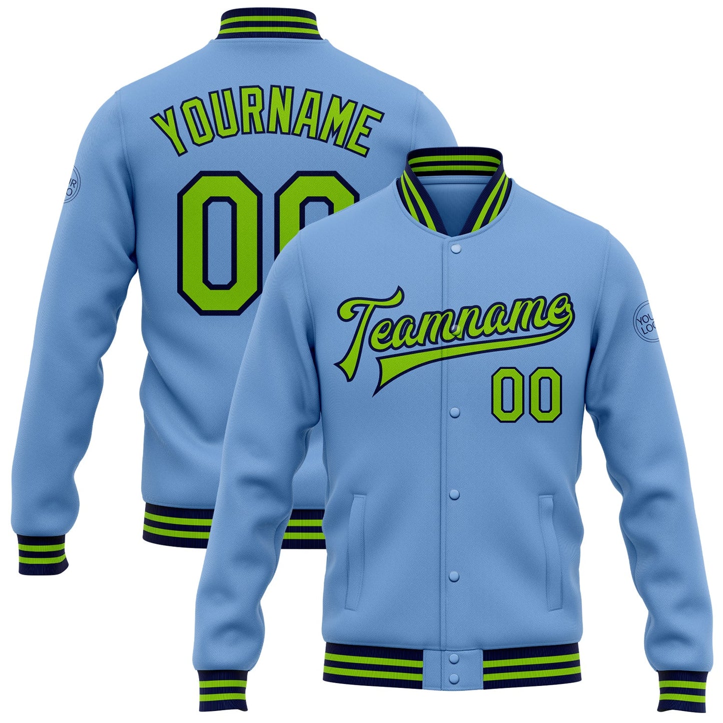 Custom Light Blue Neon Green-Navy Bomber Full-Snap Varsity Letterman Jacket - Main View