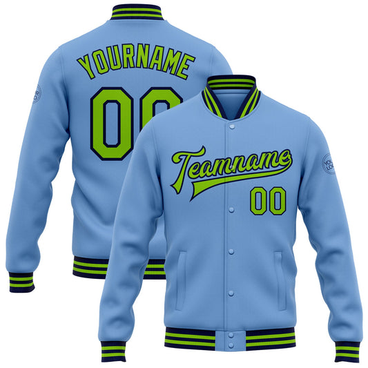 Custom Light Blue Neon Green-Navy Bomber Full-Snap Varsity Letterman Jacket - Main View