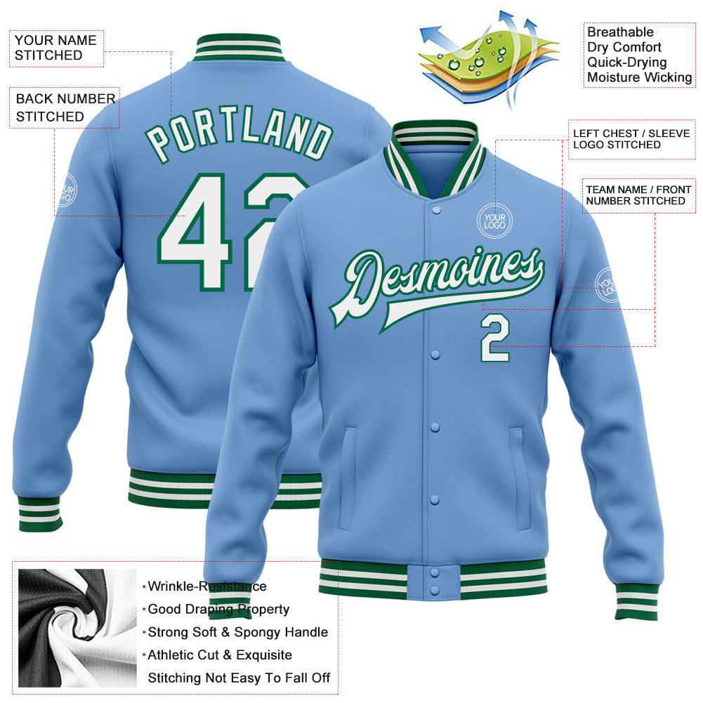 Custom Light Blue White-Kelly Green Bomber Full-Snap Varsity Letterman Jacket view 5