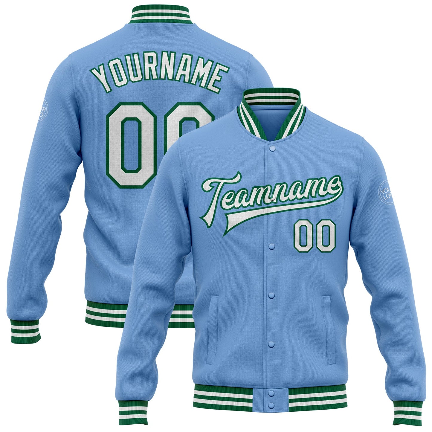 Custom Light Blue White-Kelly Green Bomber Full-Snap Varsity Letterman Jacket - Main View