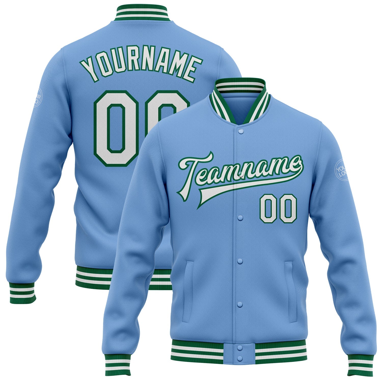 Custom Light Blue White-Kelly Green Bomber Full-Snap Varsity Letterman Jacket - Main View