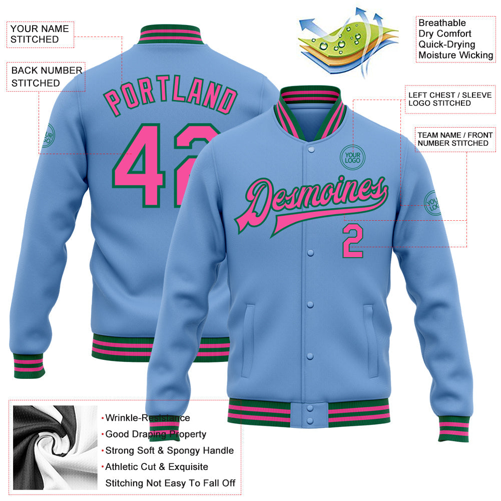Custom Light Blue Pink-Kelly Green Bomber Full-Snap Varsity Letterman Jacket view 5