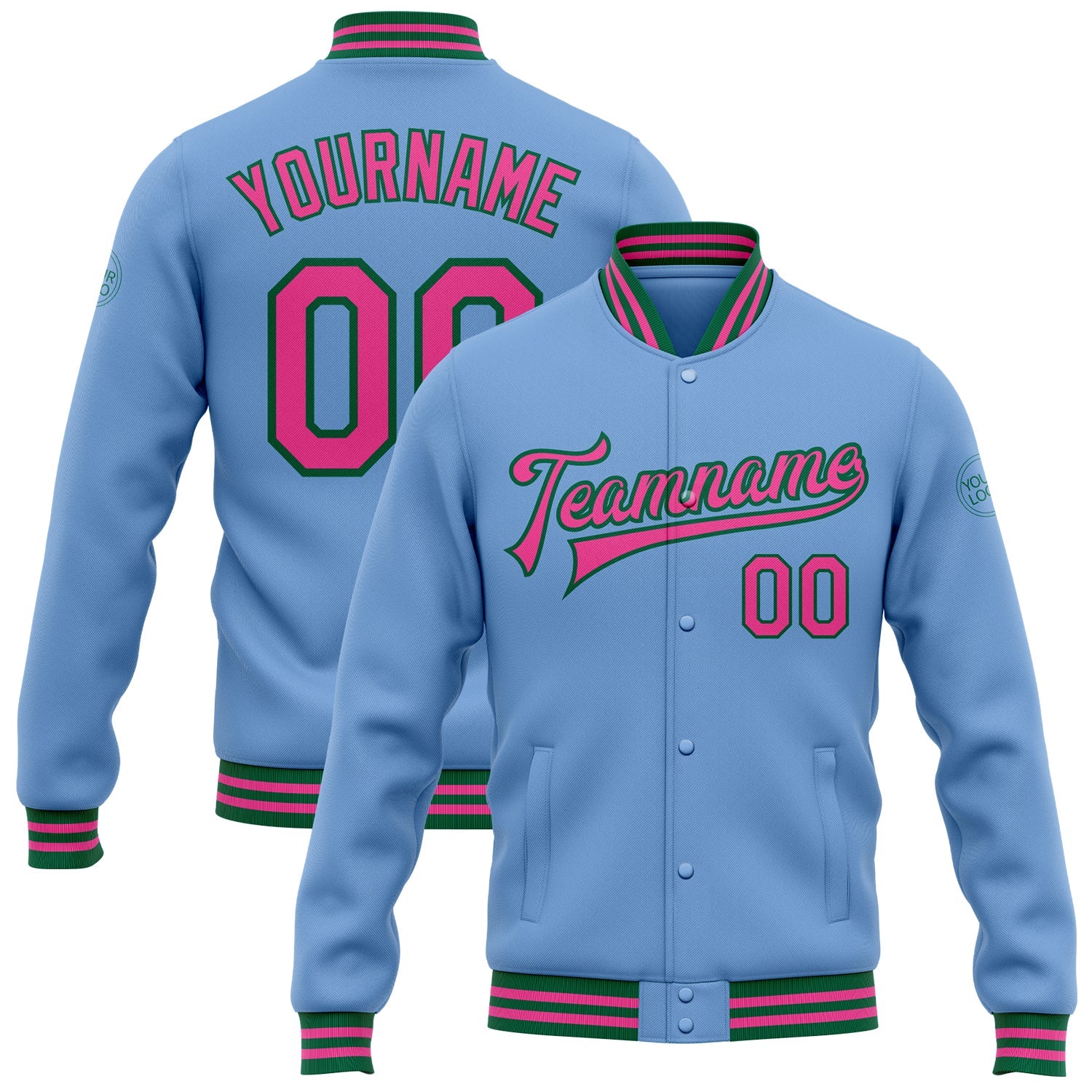 Custom Light Blue Pink-Kelly Green Bomber Full-Snap Varsity Letterman Jacket - Main View