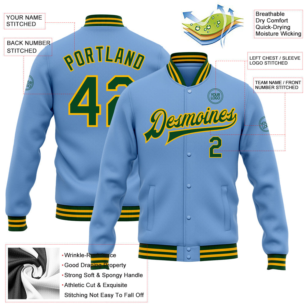 Custom Light Blue Green-Gold Bomber Full-Snap Varsity Letterman Jacket view 5