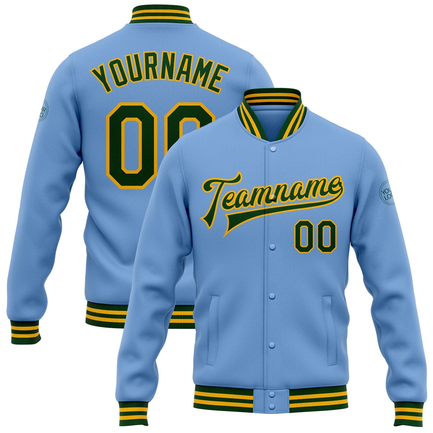 Custom Light Blue Green-Gold Bomber Full-Snap Varsity Letterman Jacket - Main View