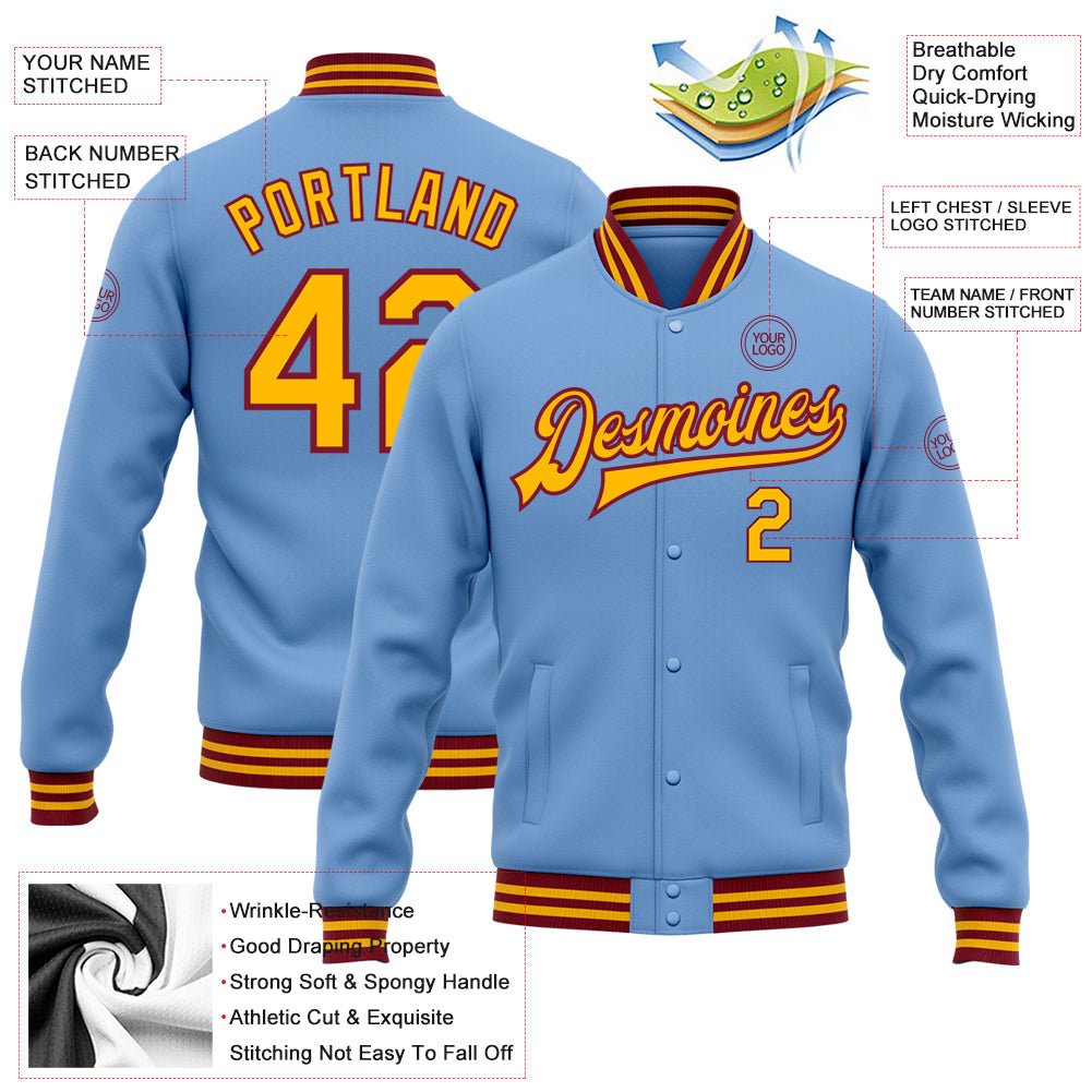 Custom Light Blue Gold-Crimson Bomber Full-Snap Varsity Letterman Jacket view 5