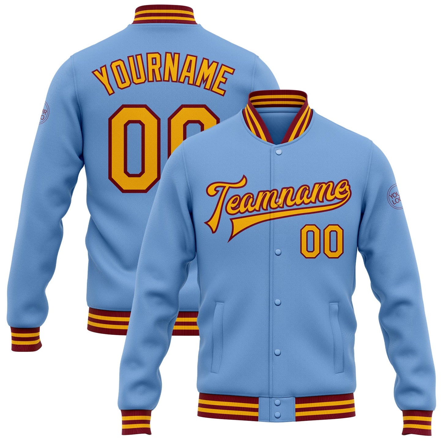 Custom Light Blue Gold-Crimson Bomber Full-Snap Varsity Letterman Jacket - Main View