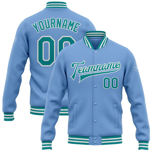 Custom Light Blue Teal-White Bomber Full-Snap Varsity Letterman Jacket - Main View