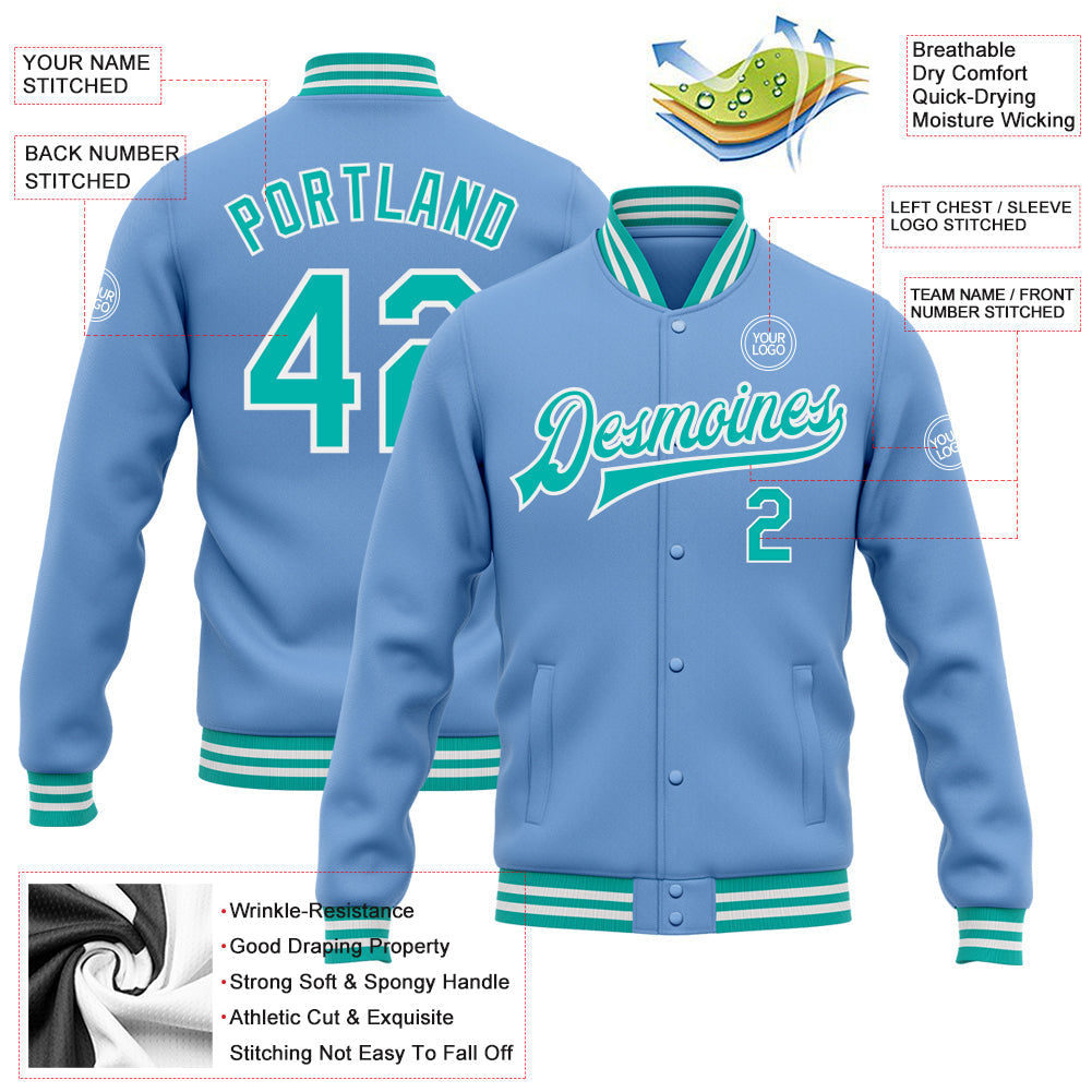 Custom Light Blue Aqua-White Bomber Full-Snap Varsity Letterman Jacket view 5