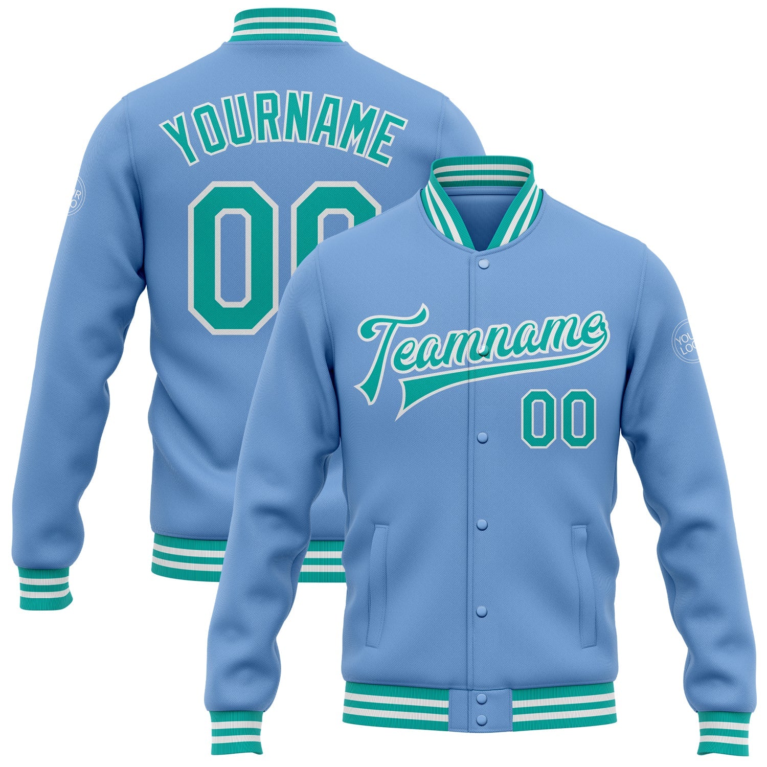 Custom Light Blue Aqua-White Bomber Full-Snap Varsity Letterman Jacket - Main View