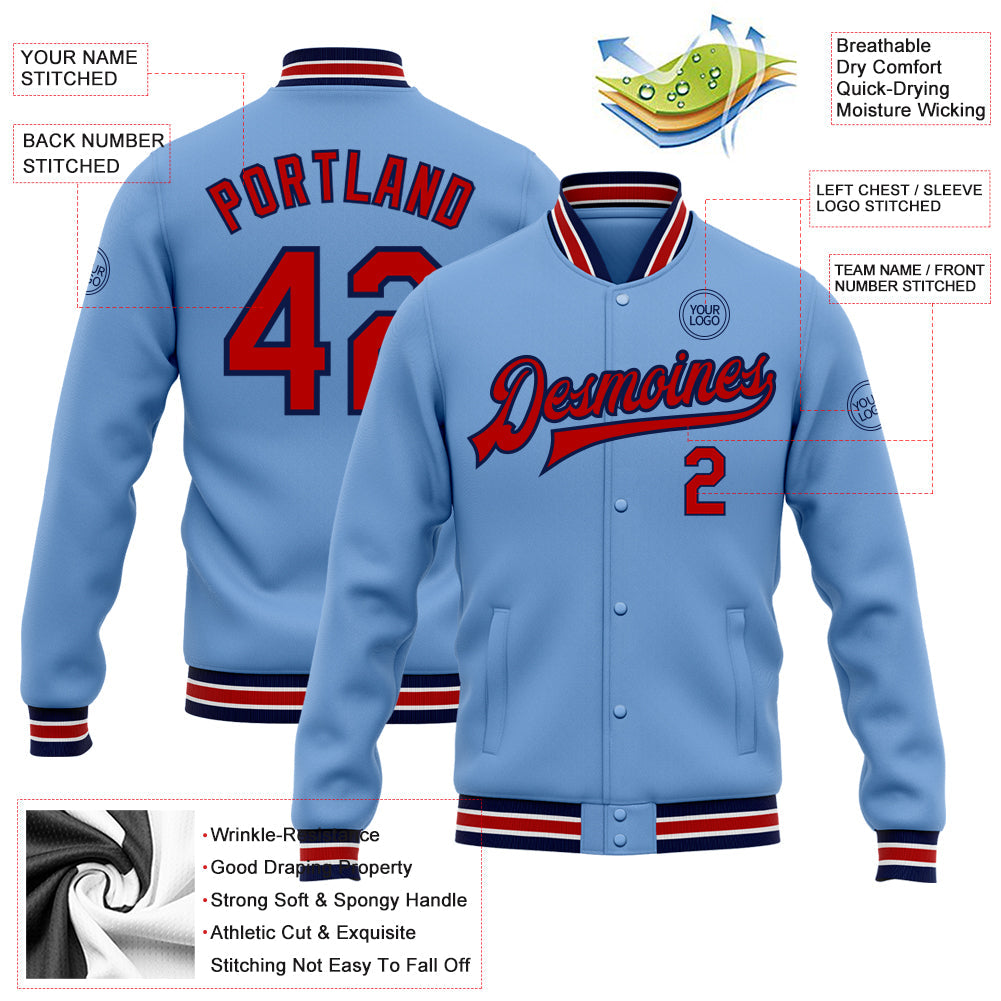 Custom Light Blue Red-Navy Bomber Full-Snap Varsity Letterman Jacket view 5