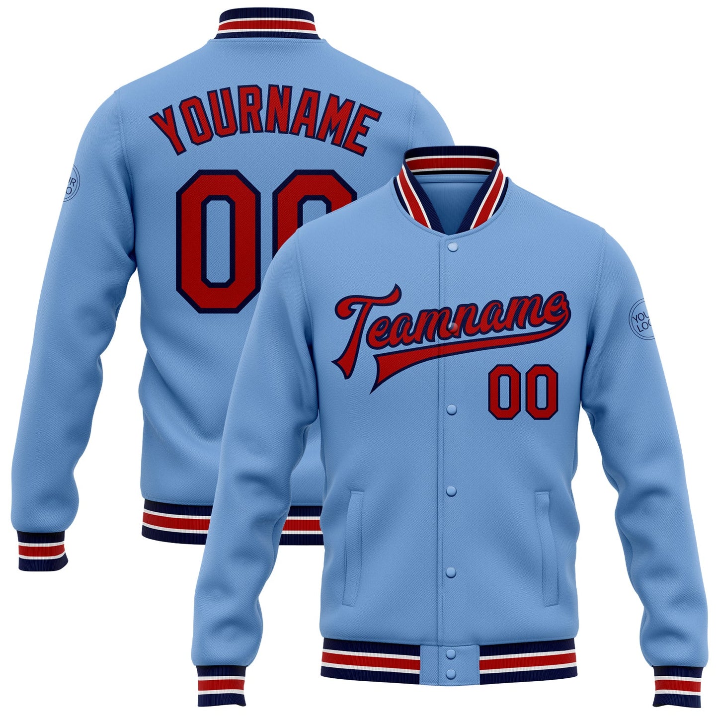 Custom Light Blue Red-Navy Bomber Full-Snap Varsity Letterman Jacket - Main View