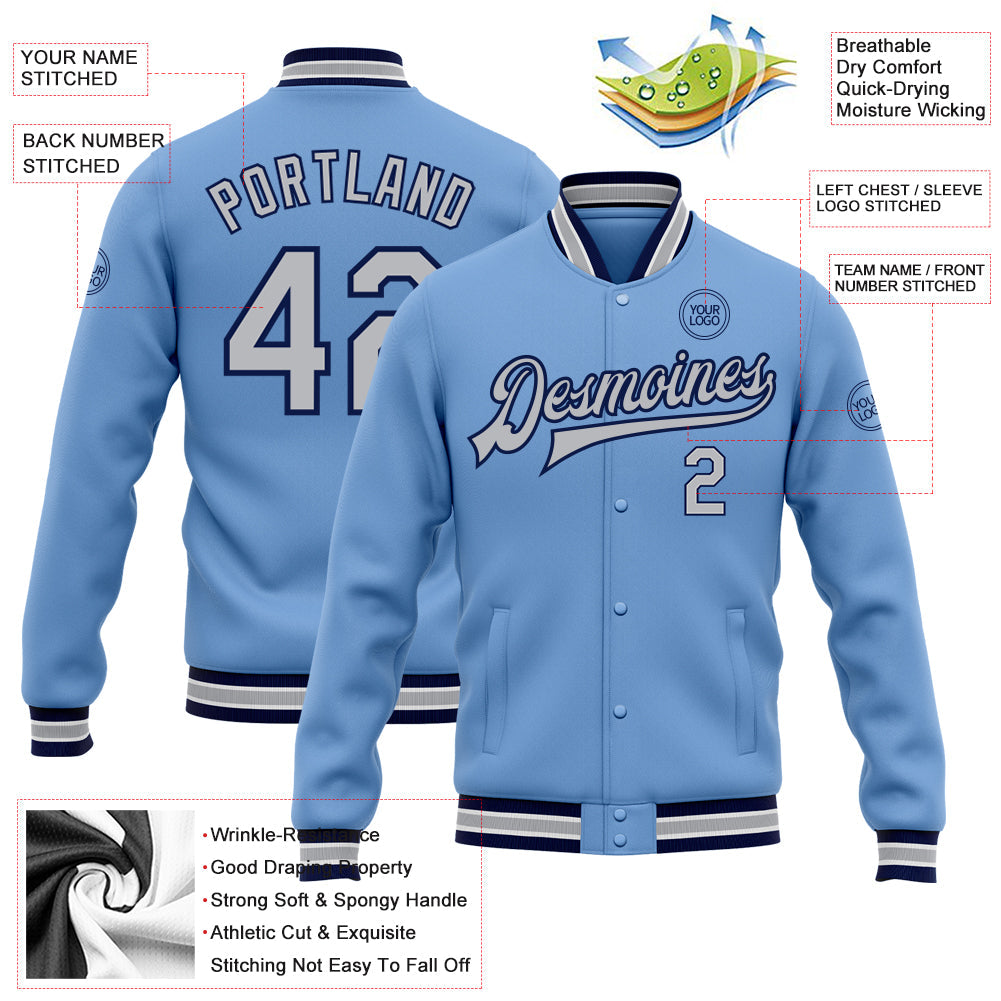 Custom Light Blue Gray-Navy Bomber Full-Snap Varsity Letterman Jacket view 5