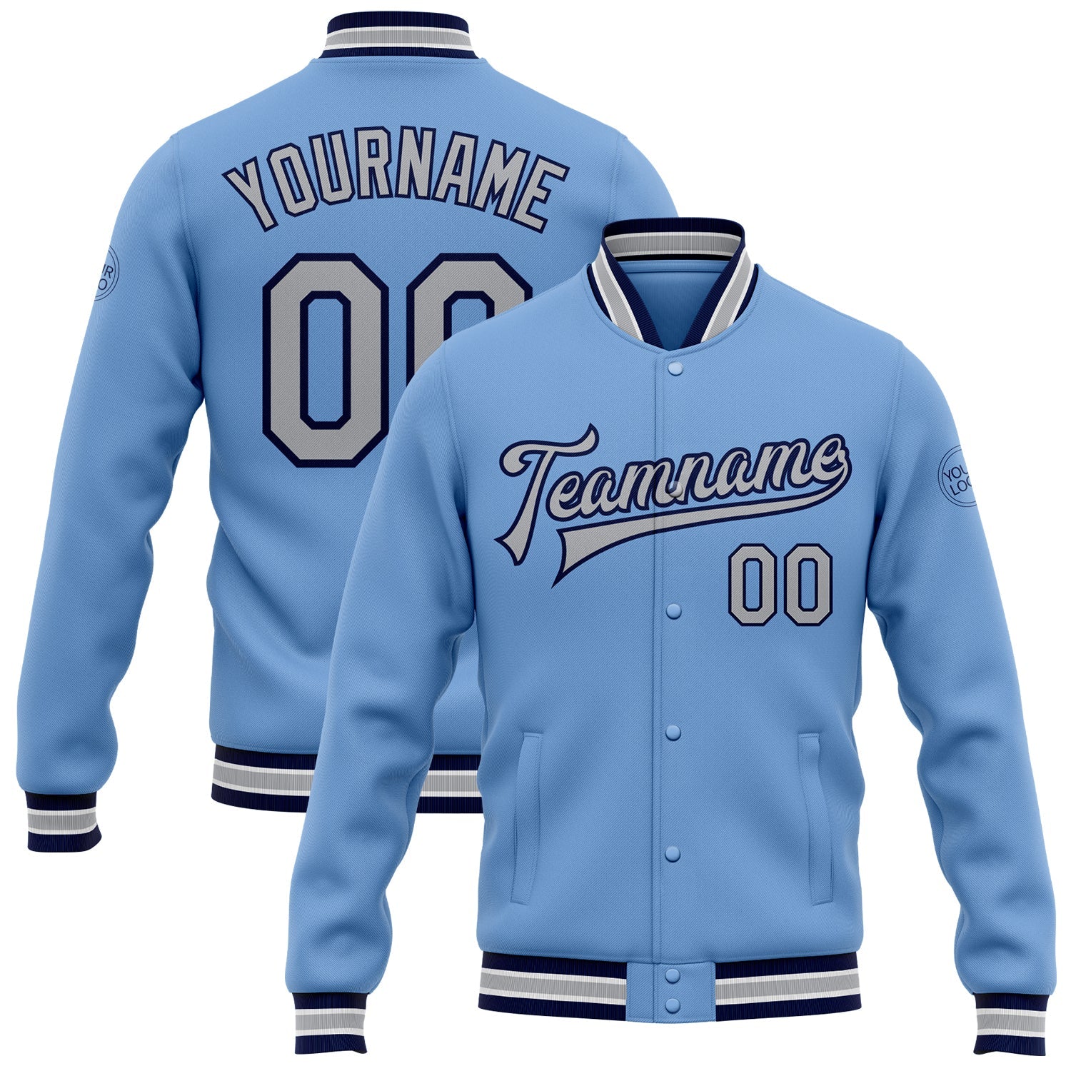 Custom Light Blue Gray-Navy Bomber Full-Snap Varsity Letterman Jacket - Main View