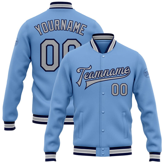 Custom Light Blue Gray-Navy Bomber Full-Snap Varsity Letterman Jacket - Main View