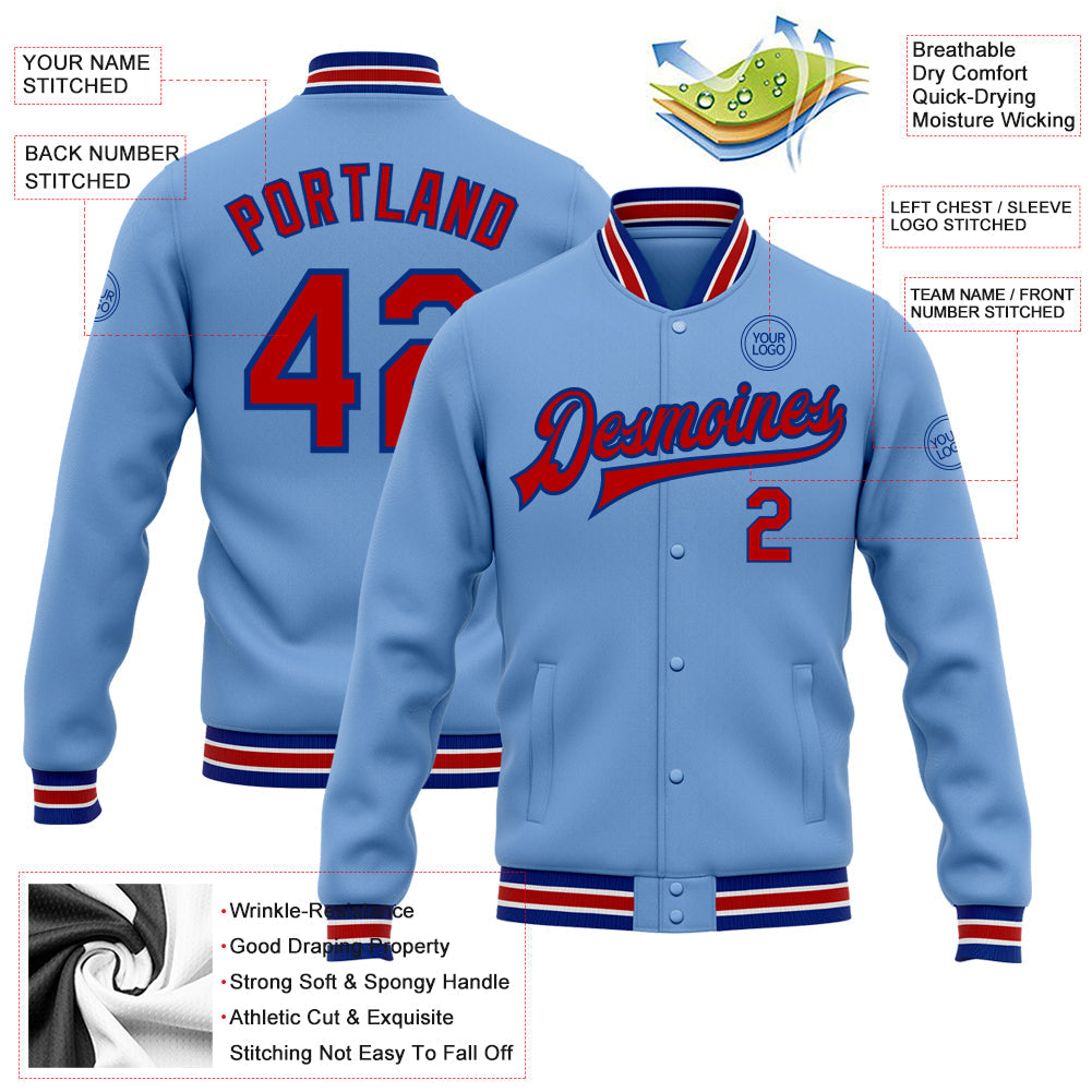 Custom Light Blue Red-Royal Bomber Full-Snap Varsity Letterman Jacket view 5