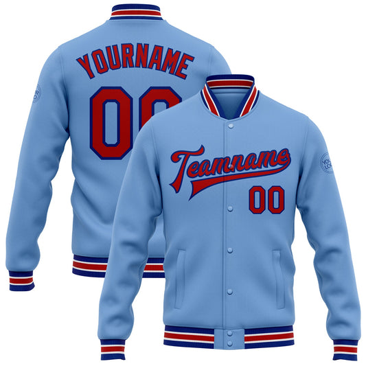 Custom Light Blue Red-Royal Bomber Full-Snap Varsity Letterman Jacket - Main View