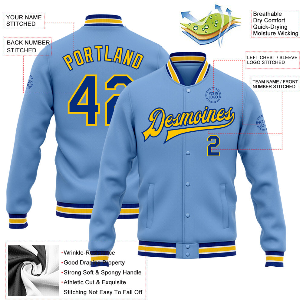 Custom Light Blue Royal-Yellow Bomber Full-Snap Varsity Letterman Jacket view 5