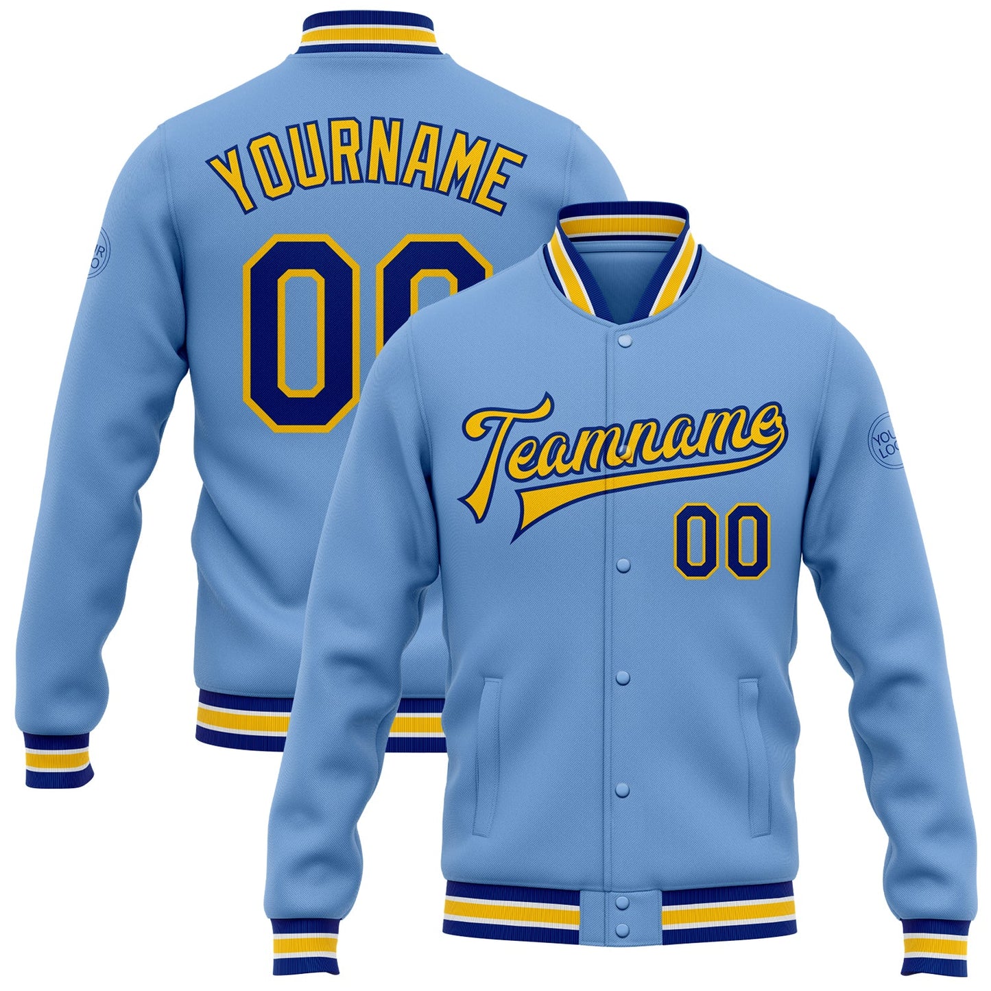 Custom Light Blue Royal-Yellow Bomber Full-Snap Varsity Letterman Jacket - Main View