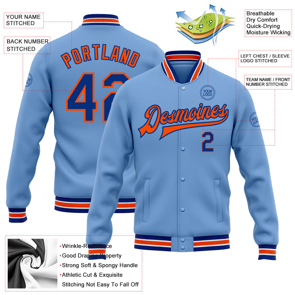 Custom Light Blue Royal-Orange Bomber Full-Snap Varsity Letterman Jacket view 5