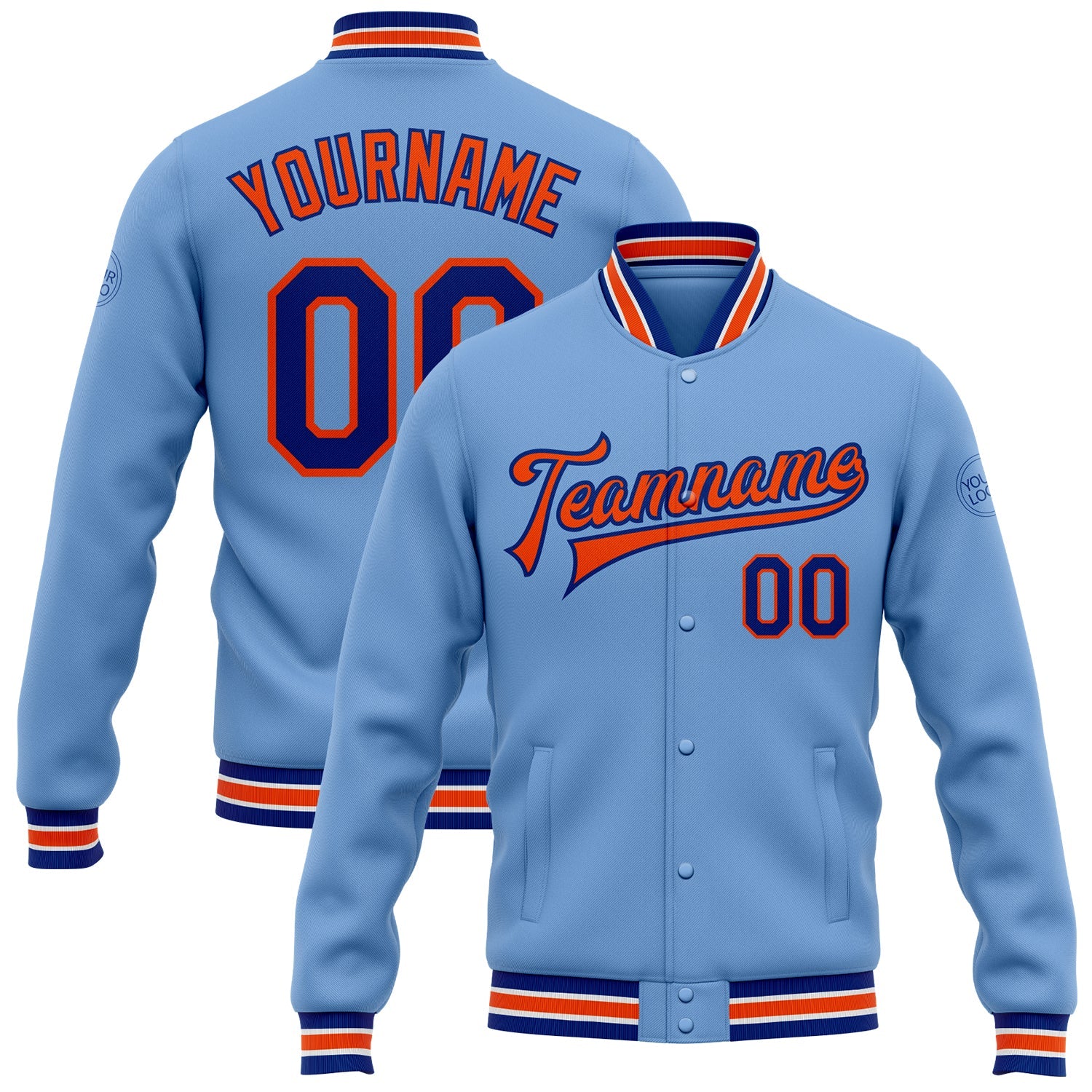 Custom Light Blue Royal-Orange Bomber Full-Snap Varsity Letterman Jacket - Main View