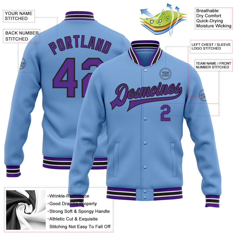 Custom Light Blue Purple-Black Bomber Full-Snap Varsity Letterman Jacket view 5