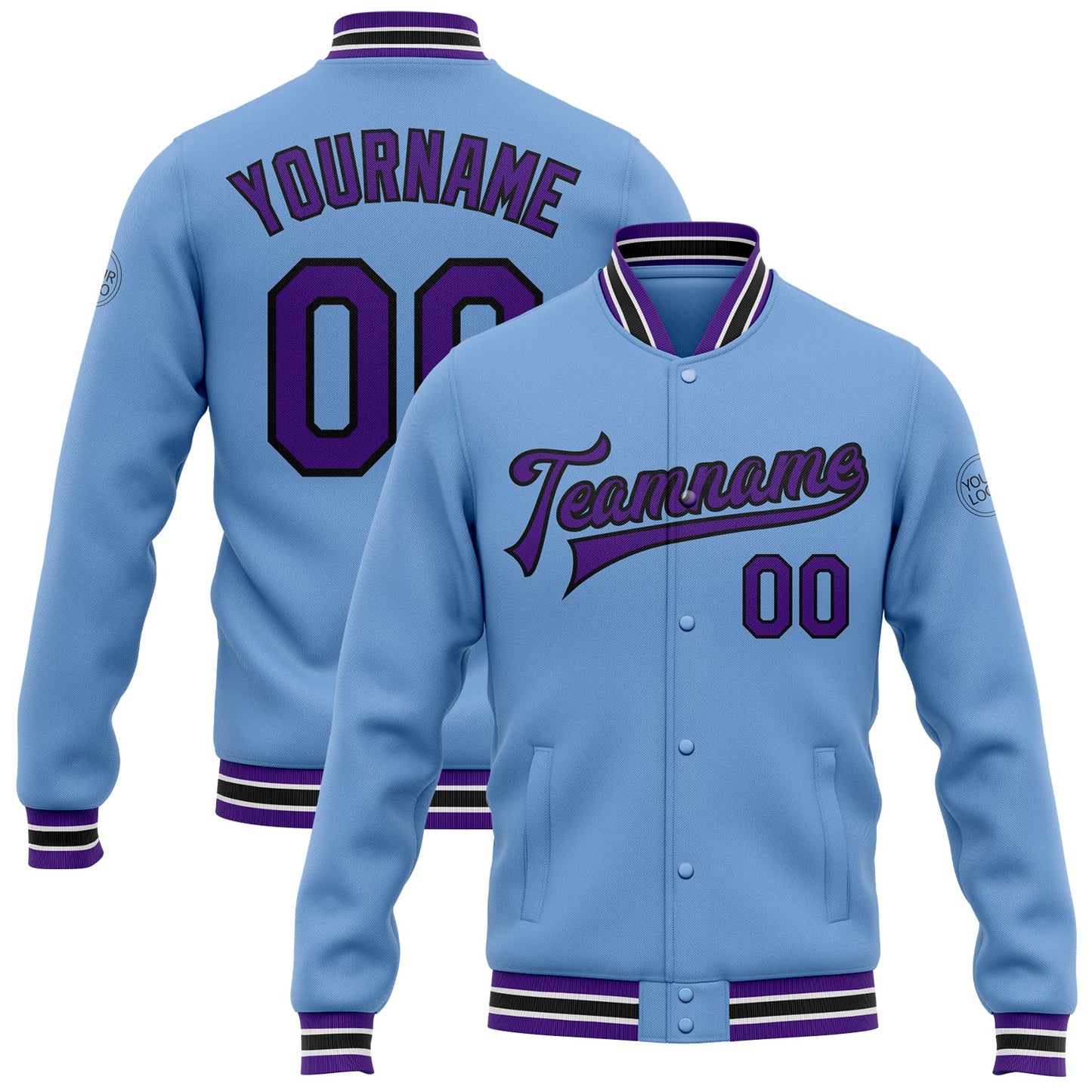 Custom Light Blue Purple-Black Bomber Full-Snap Varsity Letterman Jacket - Main View