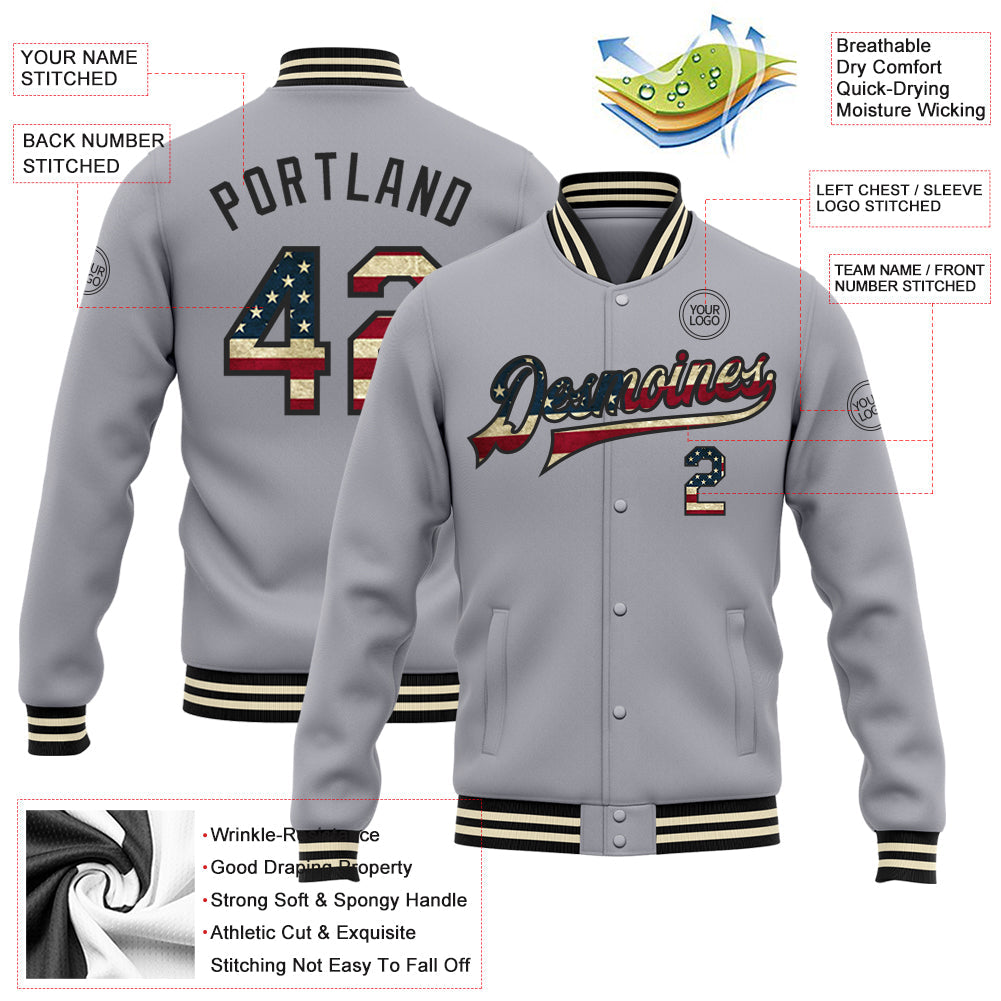 Custom Gray Vintage USA Flag Black-Cream Bomber Full-Snap Varsity Letterman Jacket view 5