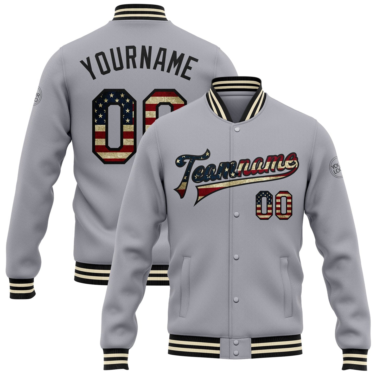 Custom Gray Vintage USA Flag Black-Cream Bomber Full-Snap Varsity Letterman Jacket - Main View